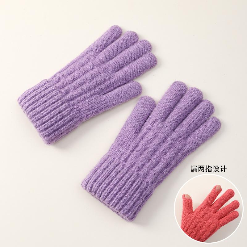 Solid color leaky two-finger knitted thickened brushed fleece warm and cold-proof women's winter outdoor wool student gloves