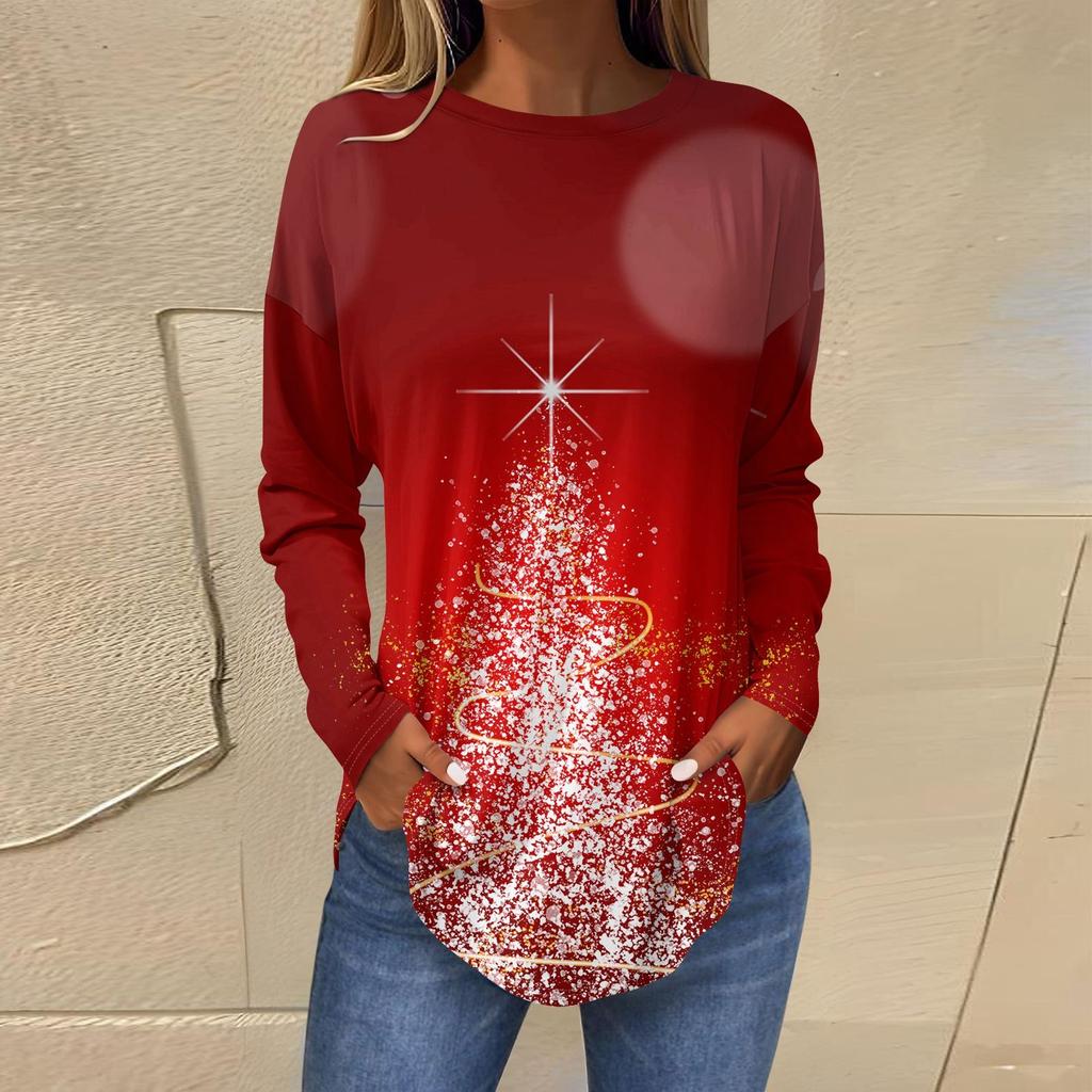 Marškinėliai moterims Rudeniniai laisvalaikio marškinėliai ilgomis rankovėmis Retro spausdinti megztiniai Kalėdų vakarėlio viršutiniai megztiniai