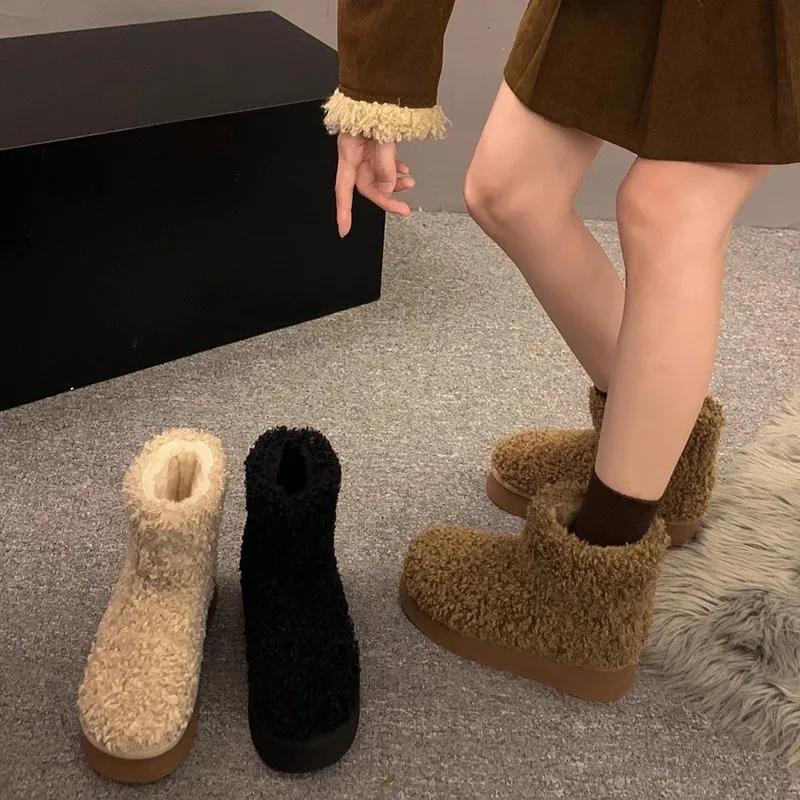 2024 Winter New Retro Thick Sole Woolen Velvet Snow Boots for Women Simple Cotton Boots