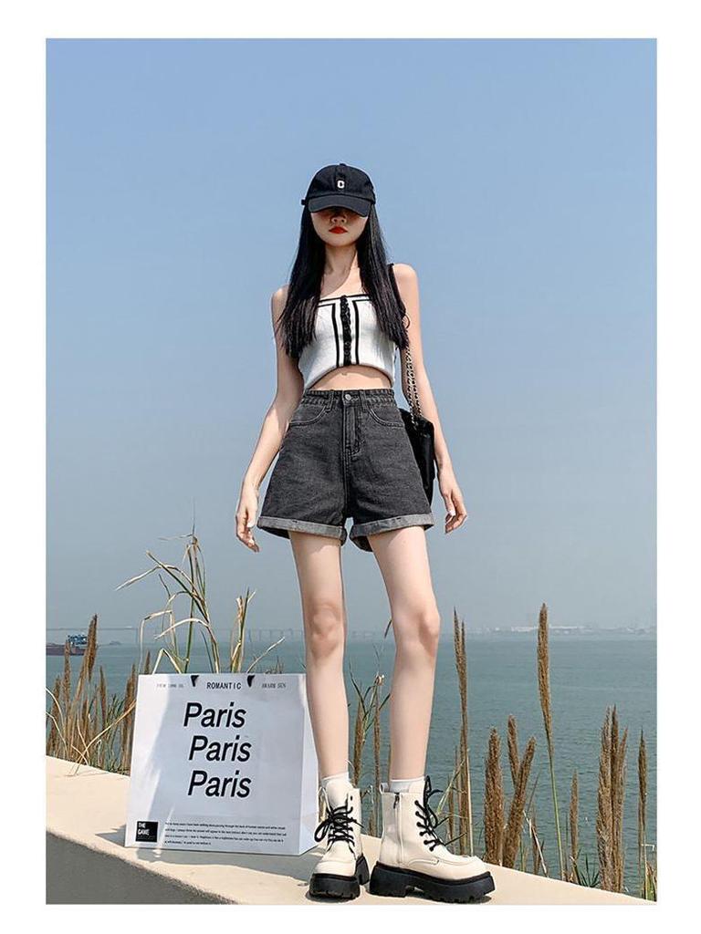 2026 Korean Style Gradient High-Waisted Loose Denim Shorts for Women