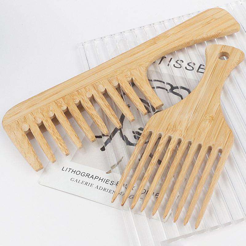 1Pcs Natural Bamboo Wooden Hair Comb Anti-Static Afro Fork Combs For Women Round Wide Tooth Wood Comb