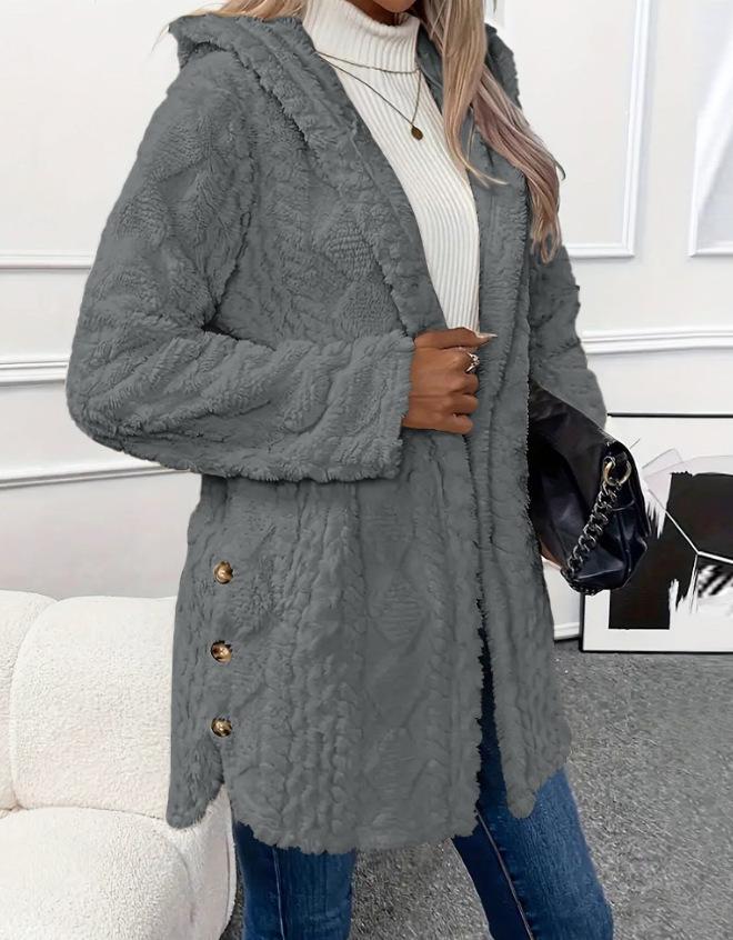 2025 Autumn/Winter Women's Warm Plush Hooded Cardigan - Button-Up Solid Color Coat