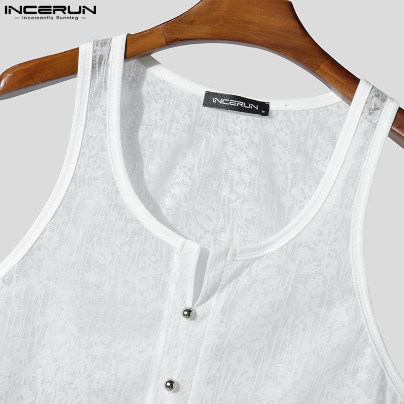 INCERUN Sommer Herre U-hals Ermeløs Knapper Blonder Mesh Gjennomsiktig Casual Tanktopper