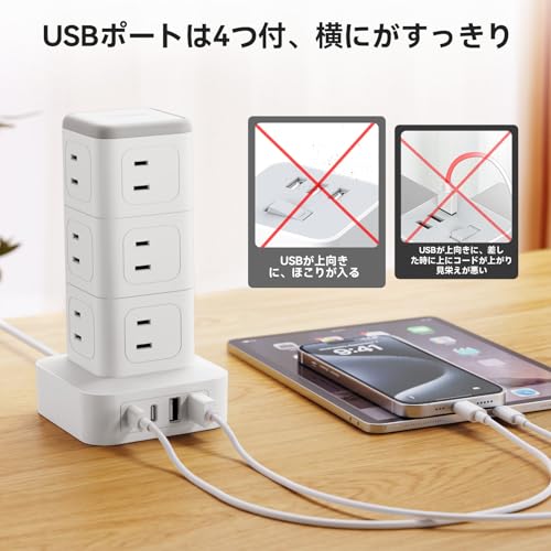 NTONPOWER Tower 2m Power Strip with USB Extension Cord, 12 AC Outlets, 2 USB-A and 2 USB-C Ports, 180° Swing Plug, PSE Certified, Lightning and Overlo