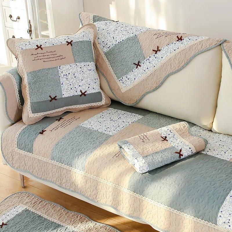 Green Floral Sofa Covers Couch Pastoral Washed Cotton Plaid Fabric Corner Towel Pillow Slip Seat Cushion Recliner Chair Cover