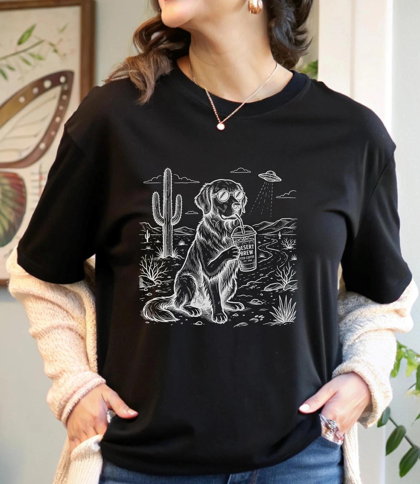 Golden Retriever Desert Brew T-Shirt, Iced Coffee Dog, Saguaro Cactus UFO Tee, XL
