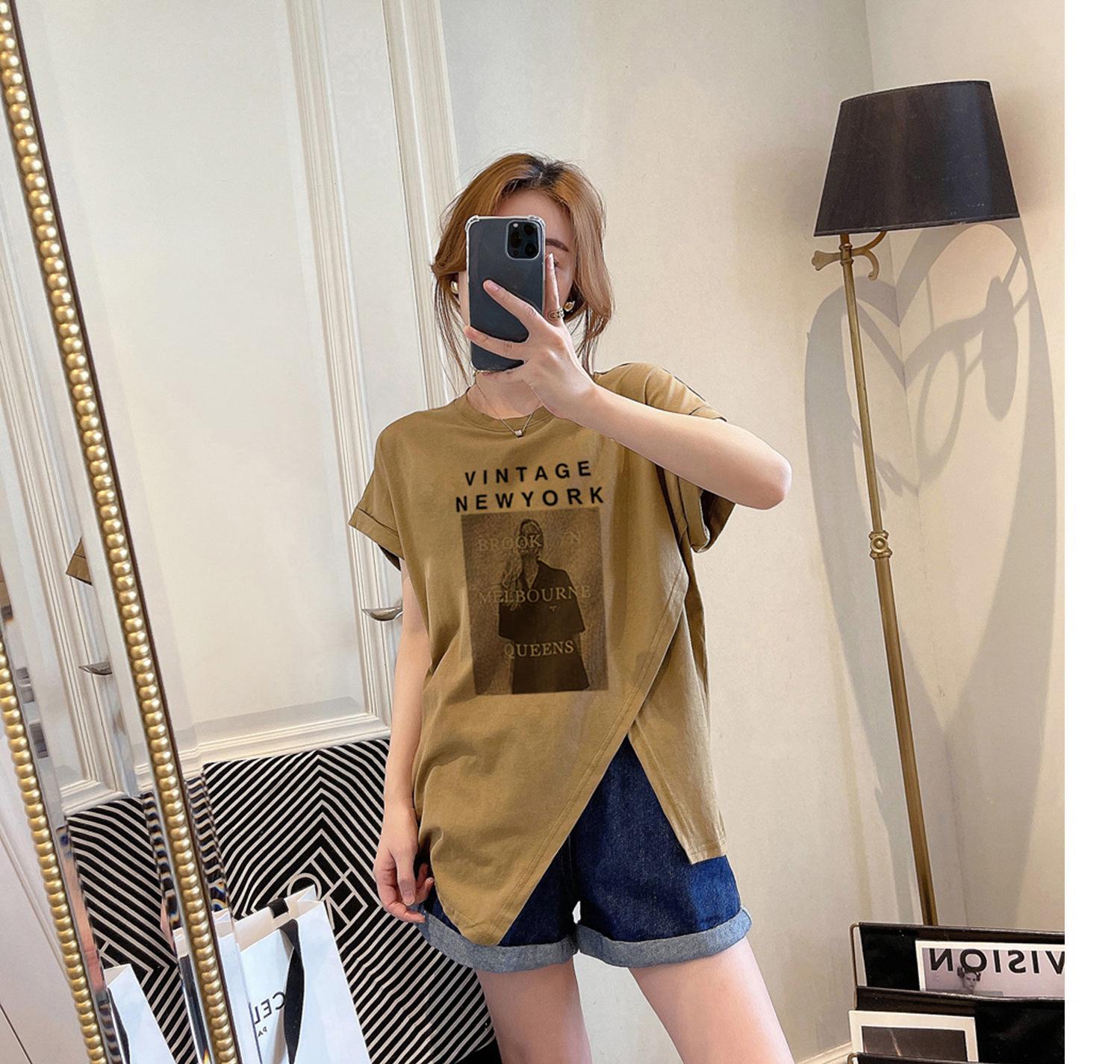 

Coffee large version short-sleeved t-shirt women s early spring summer half-sleeved 2025 new irregular split top t-shirt S темно-коричневого