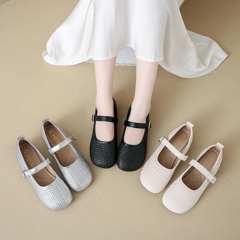 Summer 2025 Soft Leather Woven Fashionable and Elegant Single Shoes Women's Shoes Buckle Lightweight Comfortable