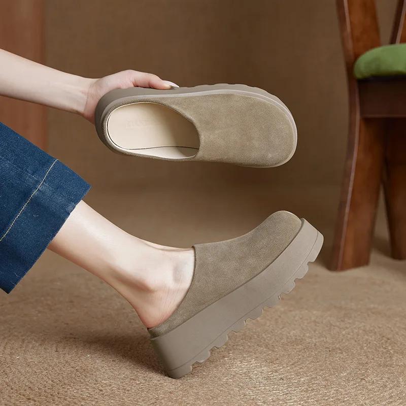Fashion 5CM Cow Suede Genuine Leather Fashion Sandals Slippers Pumps Platform Wedge Flats Women Summer Round Toe Ladies Shoes
