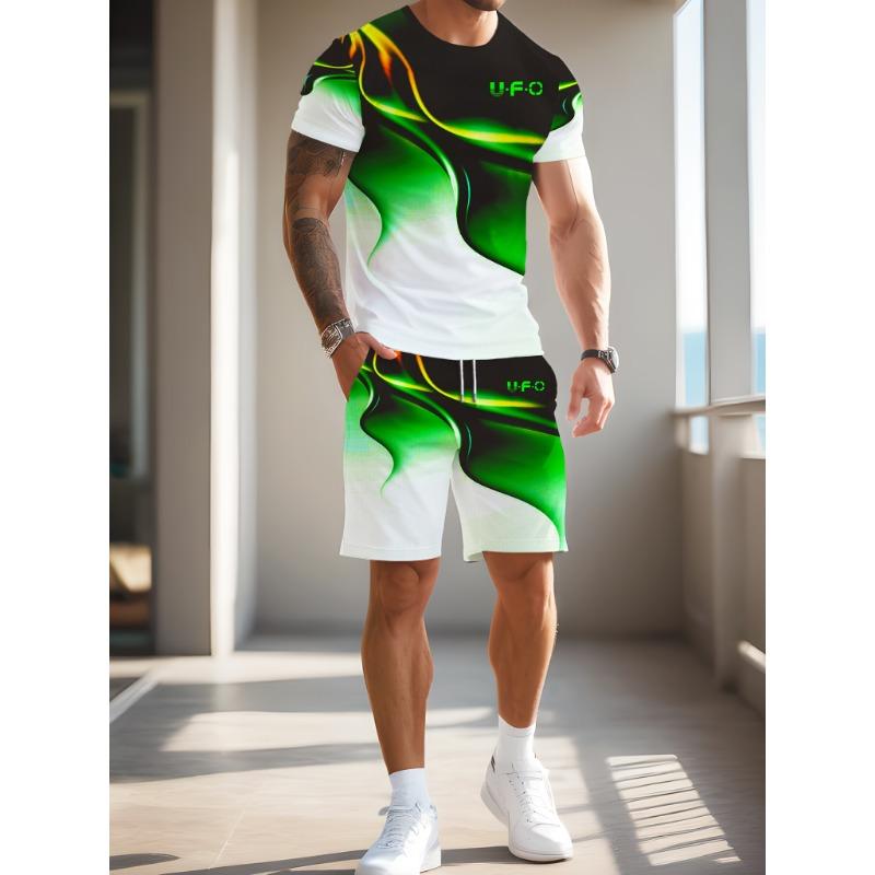 Cool for the summer, men’s creative 3D green rendering gradient printed T-shirt, fashionable and comfortable round neck short sleeves and shorts set S