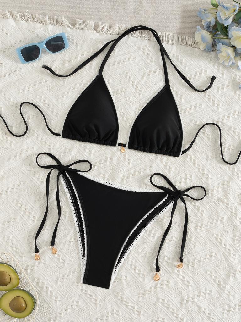 Einfarbiger Spitzenbesatz zum Binden Sexy Bikini Split Badeanzug Damen