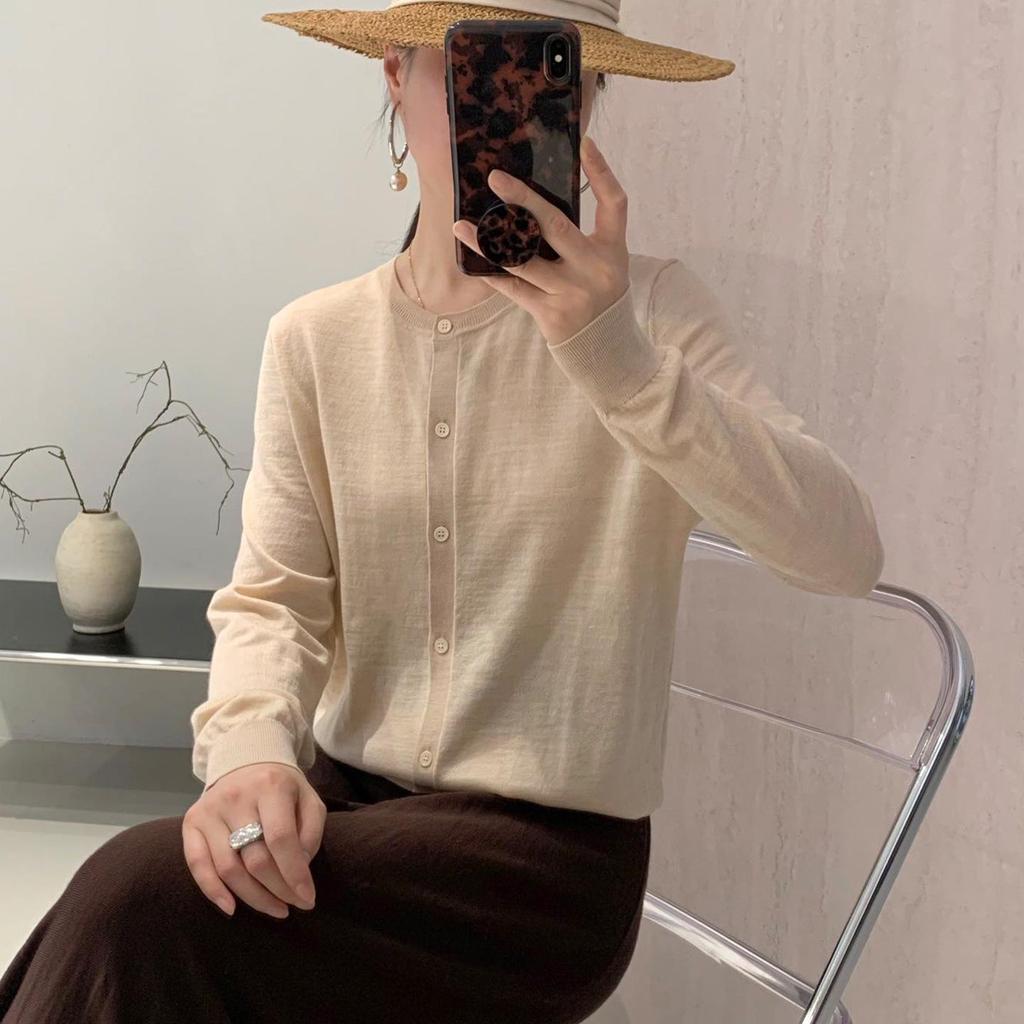 Lekasha Women's Loose Fit Wool Cardigan - Round Neck Long Sleeve Knitwear Pullover