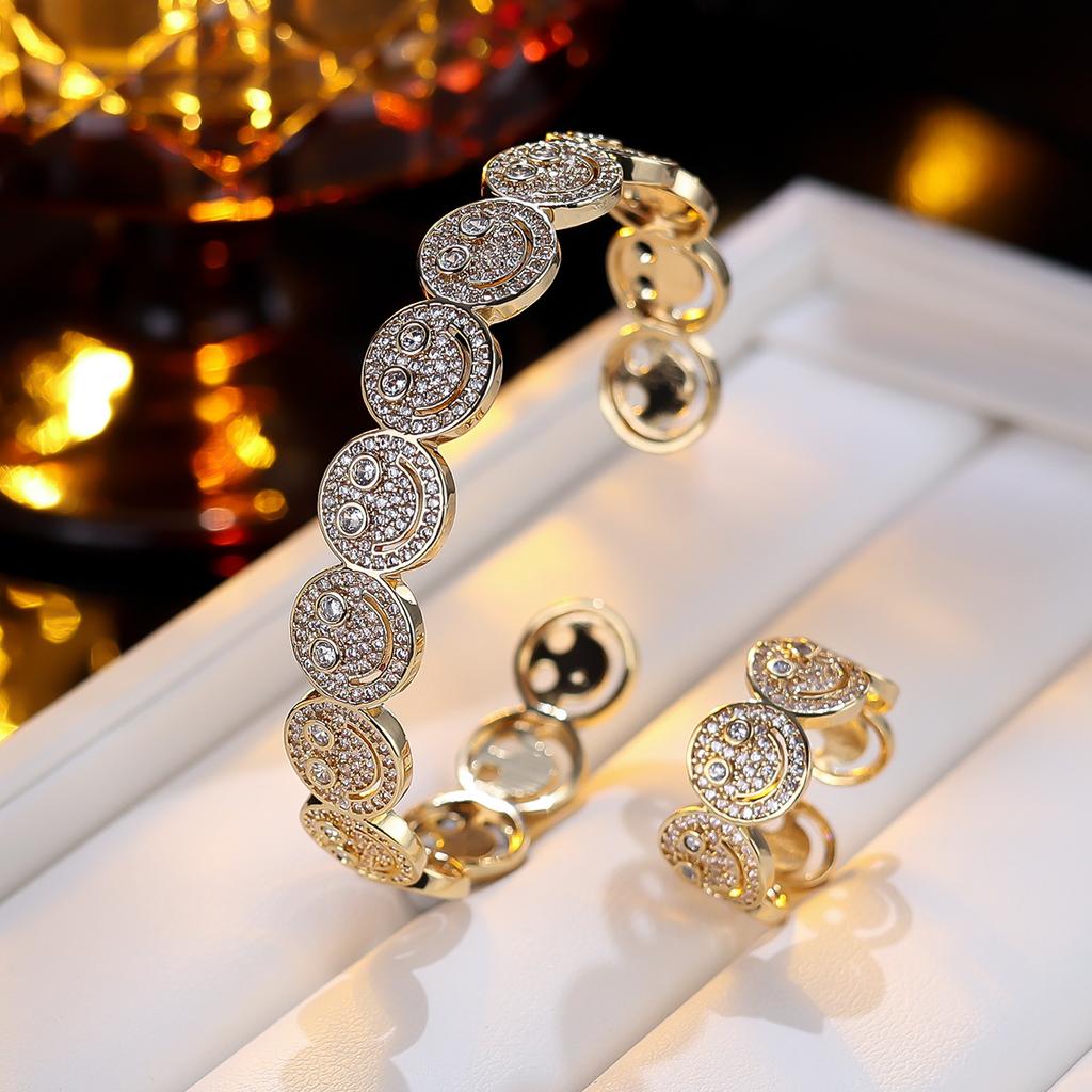 Women Smile Face Bracelet Ring Set Fashion Minimalist Zircon Jewelry Perfect For Party Gathering Wear