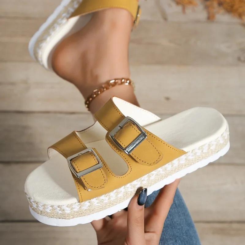 Fashion Ladies Shoes 2024 Hot Sale Plus Size Women's Slippers Fashion Metal Decoration Casual Slippers Women New Peep Toe Flat Slippers