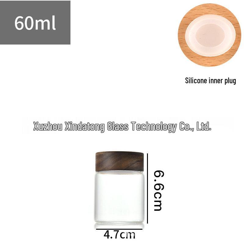 Acacia Wood Lid Borosilicate Glass Canister for Tea, Agarwood Bracelet Display, or Medicine Powder Storage.