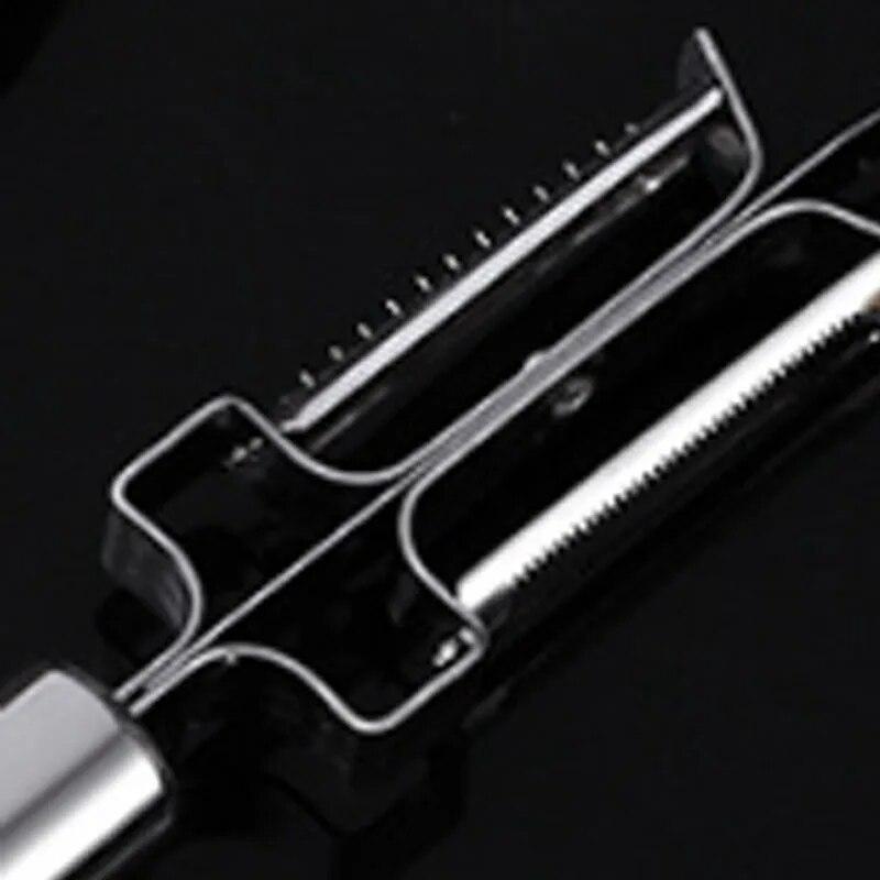 Ett Kök Rostfritt Stål Dubbelhuvud 3-i-1 Äppelskalare Potatisplaner Multifunktionellt Verktyg För Fallfrukt Och Grönsaker