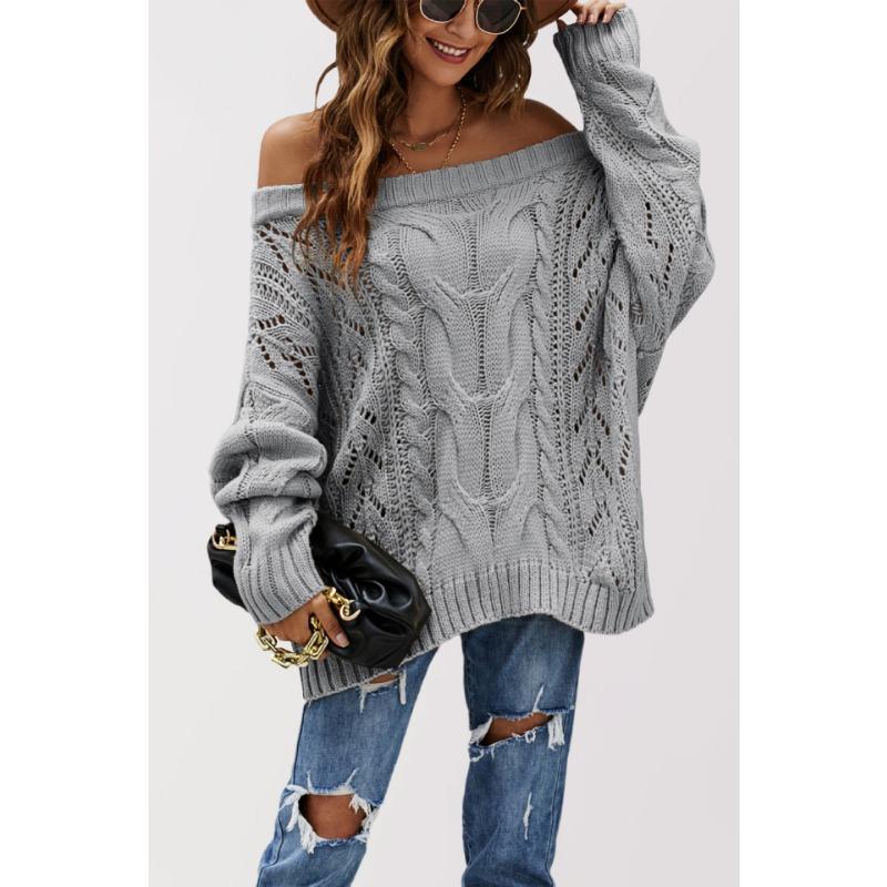 Autumn and Winter Off-the-shoulder Large-size Loose Knitted Sweater with One-word Collar Solid Color Pullover Sweater for Women