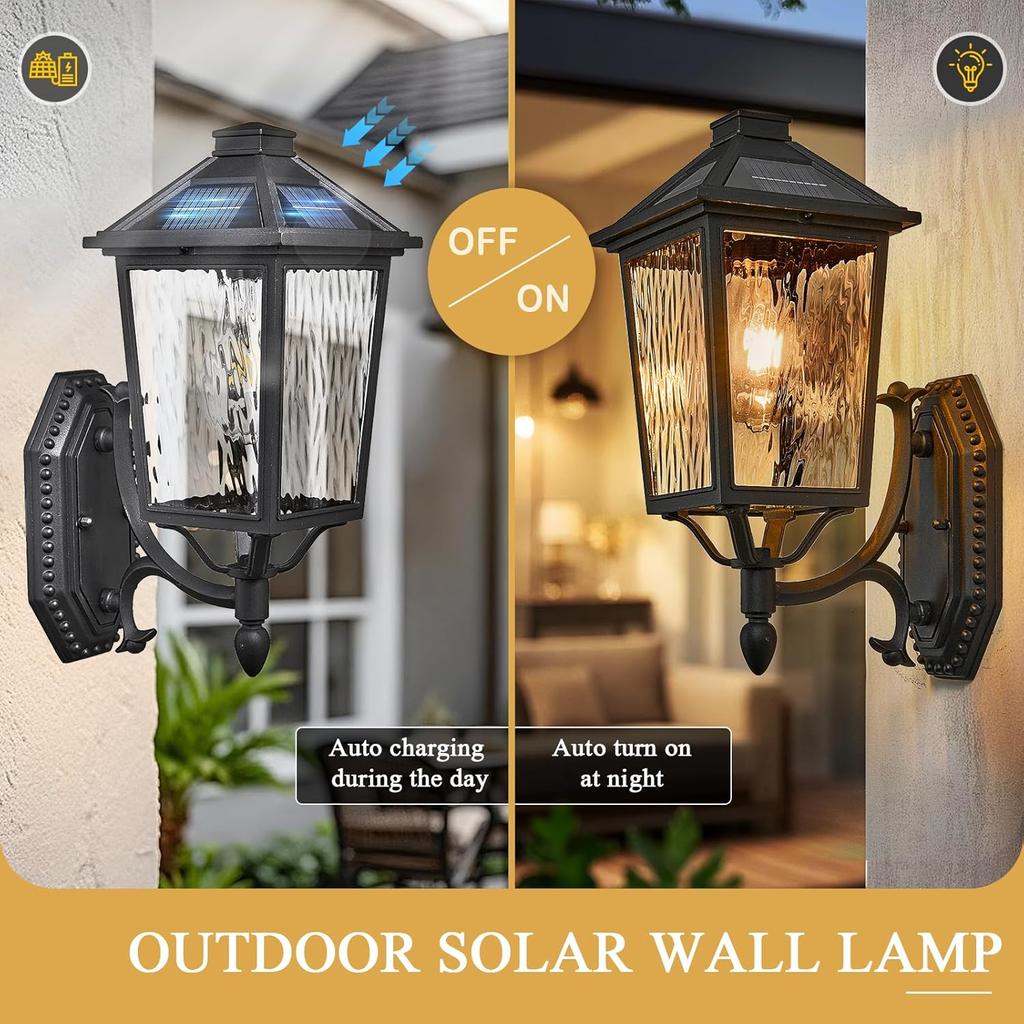 15 Inch Solar Outdoor Wall Lights, Dusk to Dawn, Remote Control, Black, for Porch, Yard, Garage