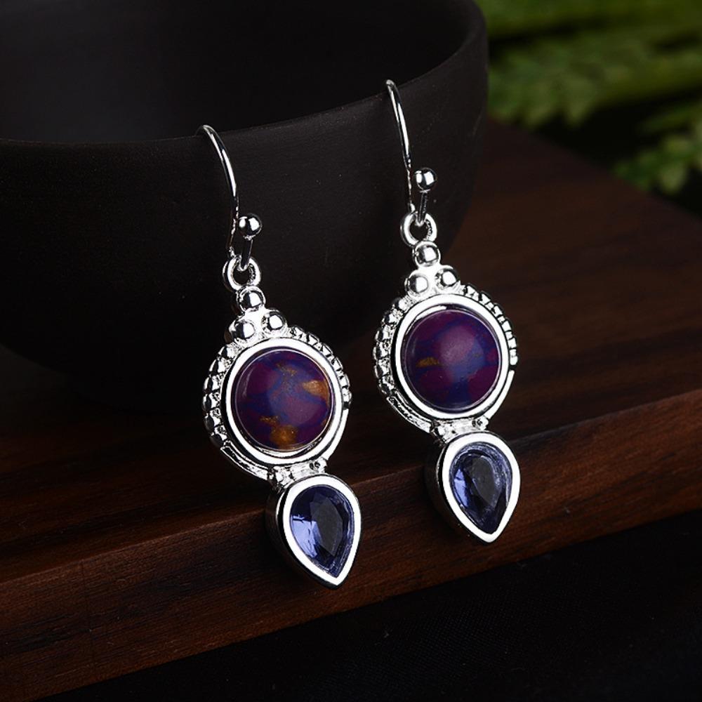 Elegant S925 Plated Charoite Drop Earrings Women Stylish Purple Crystal Dangle Jewelry Gift
