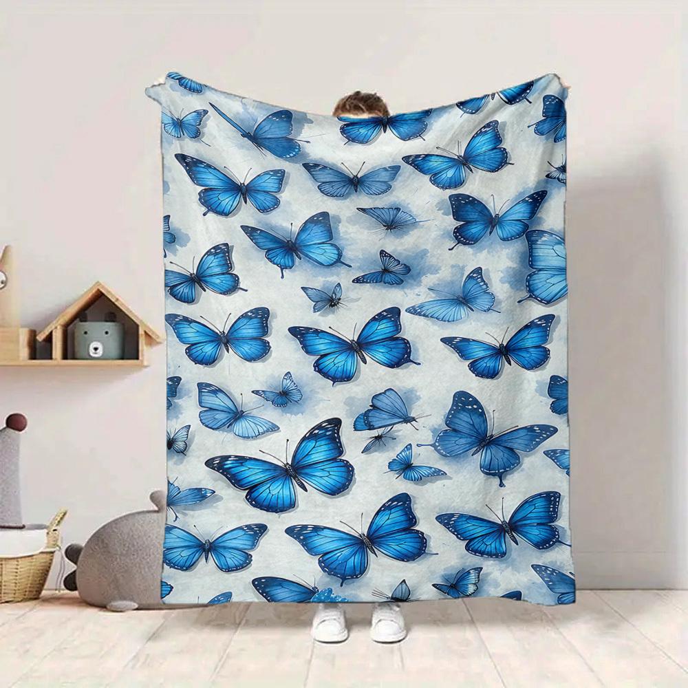 1pc Blue Butterflies Lightweight Flannel Blanket, Comfortable and Warm Blanket, for Office and Camping Sofa Bed, Livingroom031