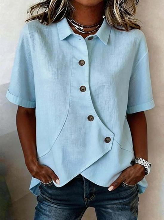 2026 New Women's Short Sleeve Irregular Lapel Button T-shirt