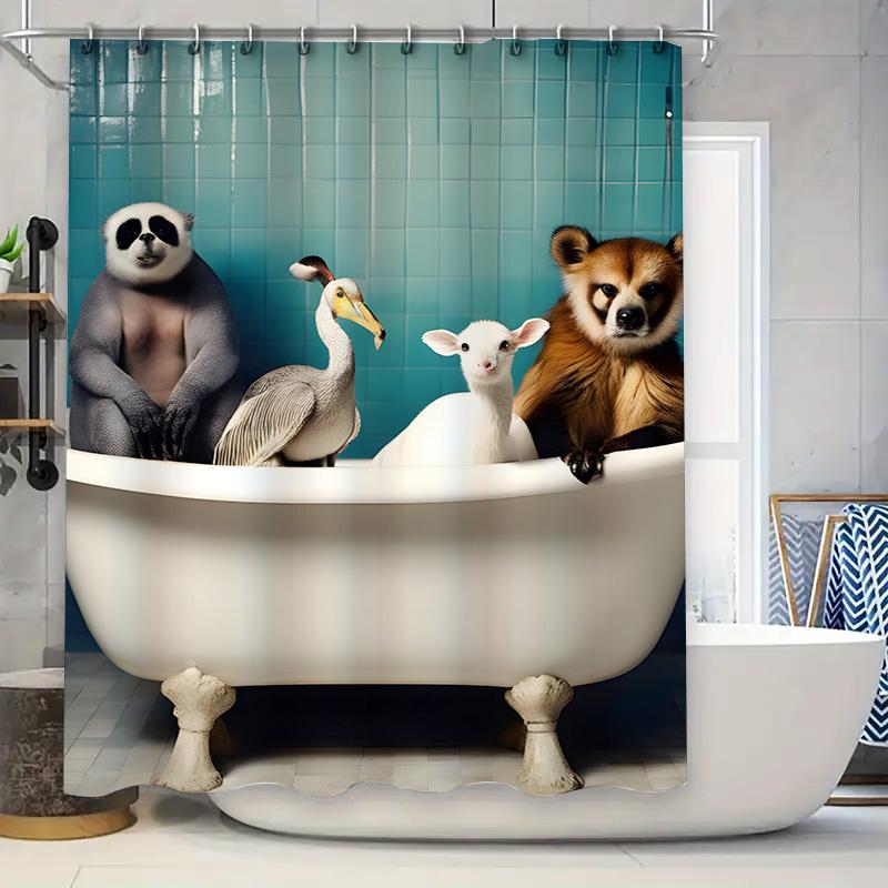 

Animal Print Shower Curtain: Bathroom Decor with Panda Bear, Duckbill Bird, Sheep, and Brown Bear in Bathtub Perfect Gift for Ki 90x180cm