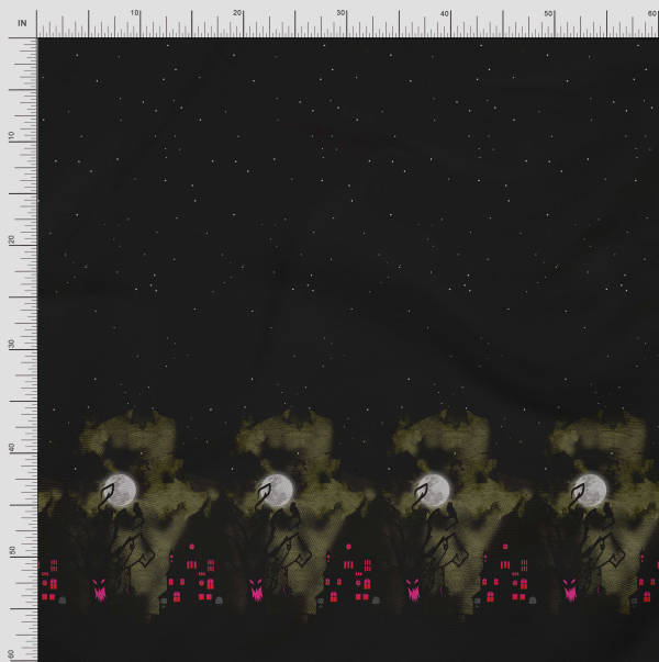 Soimoi Japan Crepe Satin Fabric Tree|Moon & Haunted House Panel Printed Craft Fabric by the Metre 42 Inch