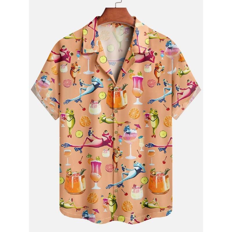 Men's Shirts Summer Hawaiian Casual Seaside Beach Tops Cartoon Planet Rocket Print Button Short-sleeve Oversized Shirts Chemise