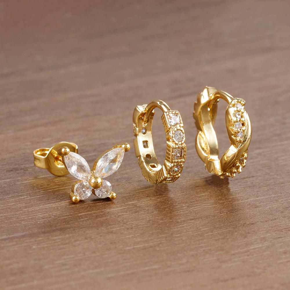 3Piece Stainless Steel Huggie Minimal Butterfly Hoop Earrings Little Cubic Zirconia Heart Cartilage Earrings Piercing Jewelry