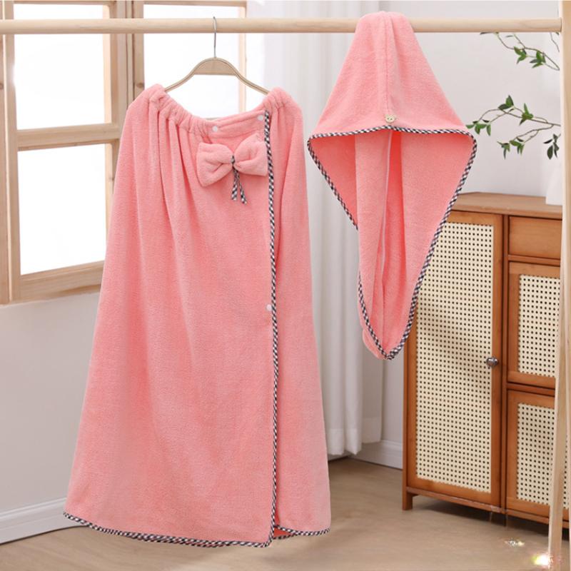 Damen-Bademantel-Set mit niedlicher Schleife, schnell trocknend, Spa-Wraps und Duschhaube