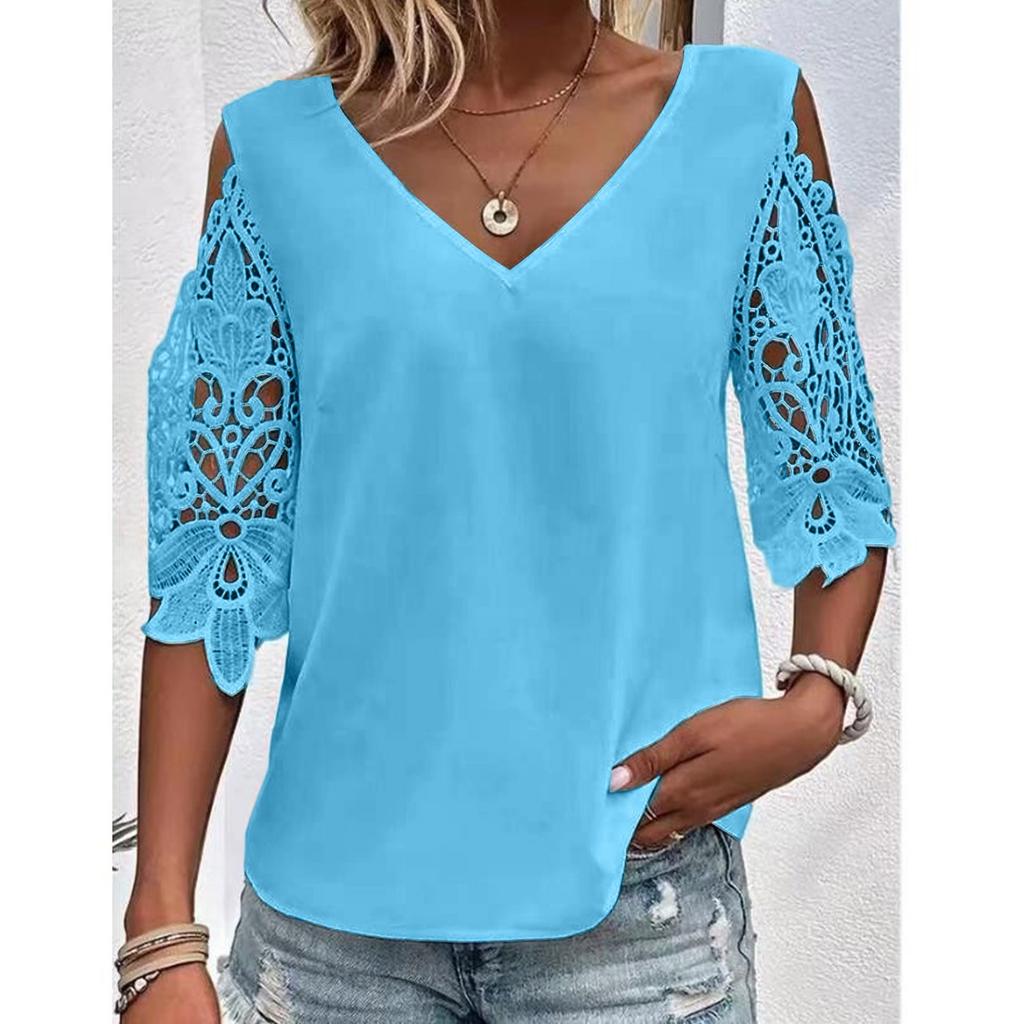 A New Summer Casual And Sweet Solid-color V-neck Lace Five-quarter Sleeve Women's T-shirt For Ladies