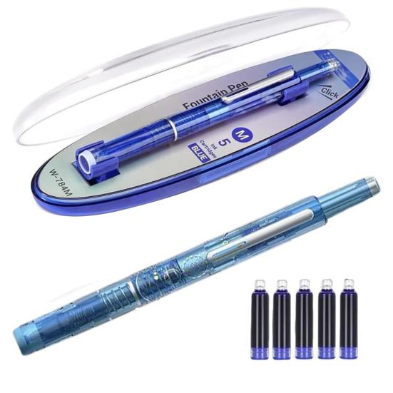 Retractable Fountain Pen Fine Nib Set 0.38mm Black/Blue Ink Transparent Barrel Pen with 5 Refillable Ink Cartridges for Sketching