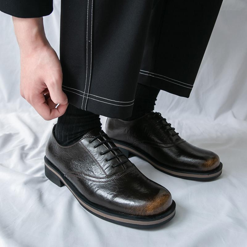 Fashion Retro Black Thick Bottom Large Head Men's Shoes Wedding Business Casual Lace Up Loafers Round Toe Leather Shoes for Men