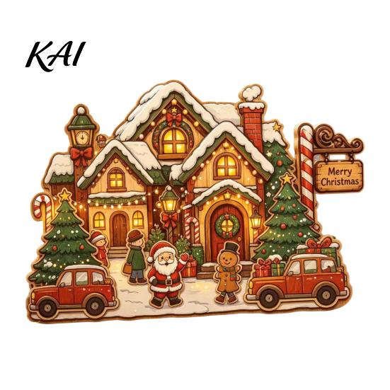 Rustic Winter Home Accents Christmas Wooden House Ornament, Santa Claus/Snowman/Elk Sleds/Winter Cabins Elk Sleigh Tabletop Decor Scene Figurines,