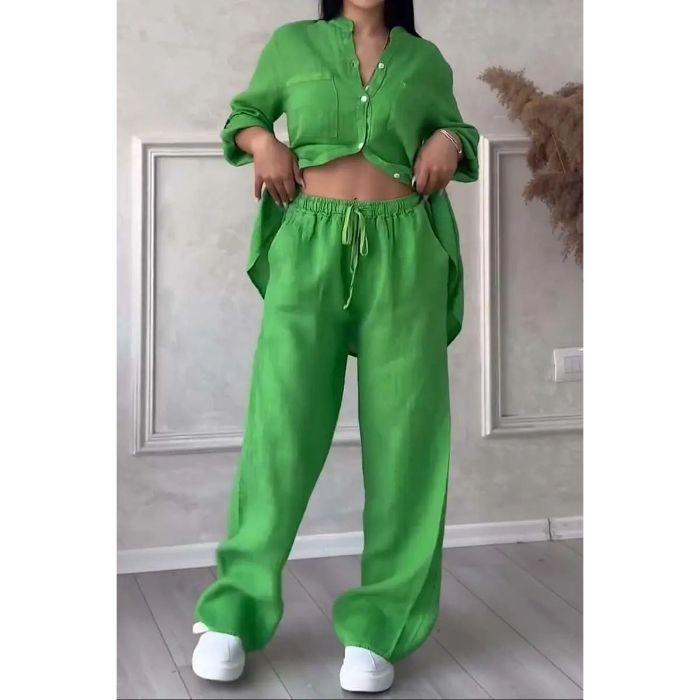 Women's Casual Two-piece Solid Color Cotton and Linen Shirt Wide-leg Pants Suit