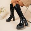 Bright Black Leather Chunky Heel High Top for Women Back Zipper V Cut Knee Fashion Long Size 35 42 Botas Mujer