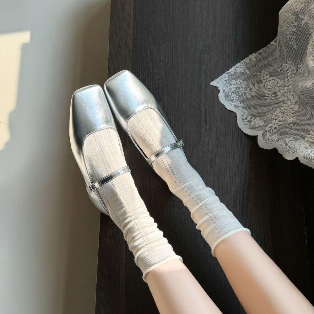 2Pairs Lingge Mid-calf Cotton Socks Hollow Out Ruffle Tube Socks Women Sweet White Socks Daily