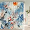 Japanese Style Flowers Bird Shower Curtain Abstract Mountain Red Floral Plant Ink Art Landscape Fabric Decor Bathroom Curtains