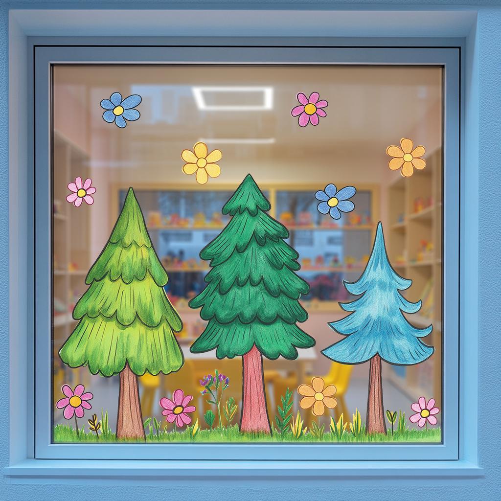 Cartoon Tree and Flower Window Stickers, Kindergarten Door and Window Decoration Stickers, Translucent Children's Room Glass Stickers