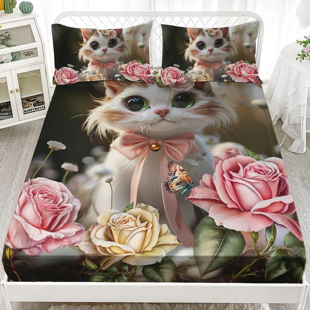 Animal Cat Pattern Mattress Three-Piece Digital Printing Mattress Bedding Set Adult Children