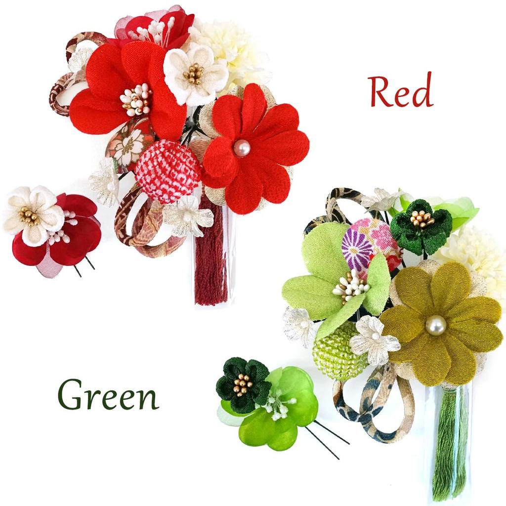 Sada vlasových ozdob Furisode, ceremoniální Tsumami, 2dílná krepová ozdoba na oslavu dospívání kk-094 (zelená)