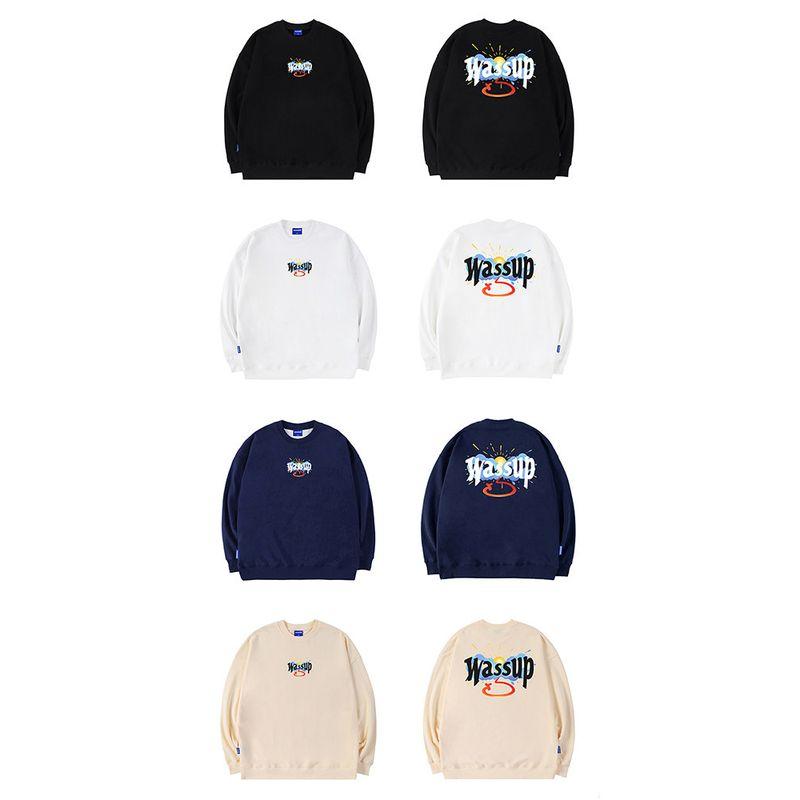 Wassup Cloud Sun National Trend Brand Crew Neck Sweatshirt Men's Autumn/Winter 2024 New Fleece-Lined Heavyweight Pullover Top