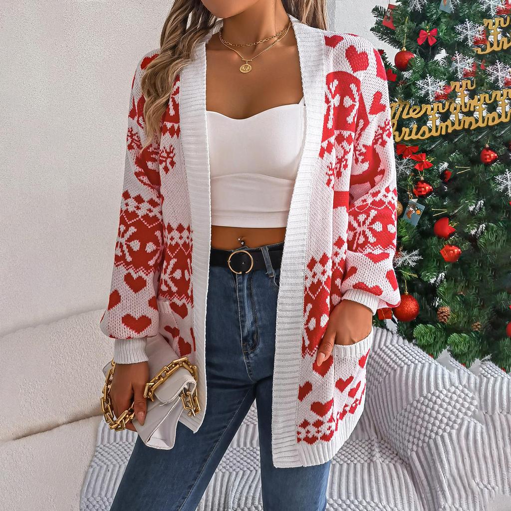 Autumn Winter Vintage Loose Long Sleeve Top Print Cardigan Knitwear V-Neck Christmas Sweater