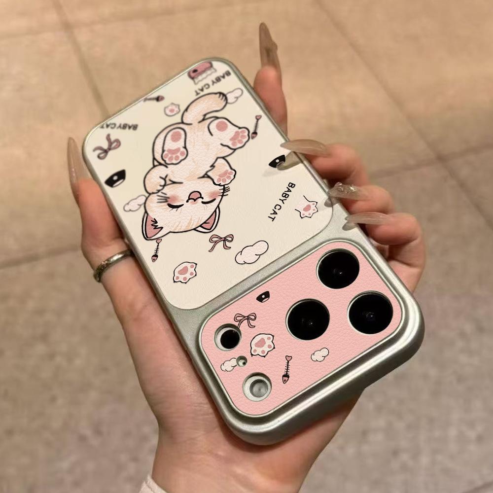 Applicable to Apple 17 cartoon play cat mobile phone case iPhone15promax all-inclusive 16 Pro fresh leather pattern