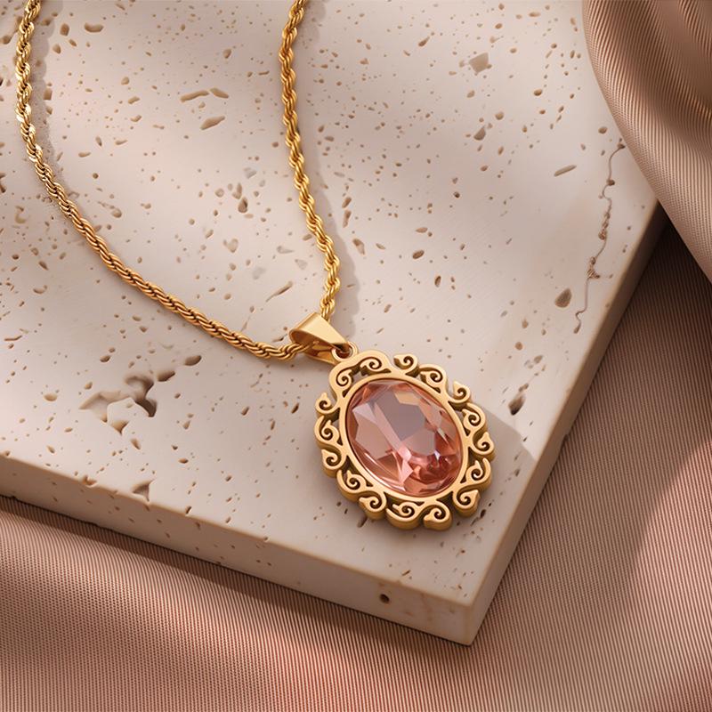 European & American Fashion Exquisite Titanium Steel Necklace with Colorful Zircon & Geometric Pendant for Women