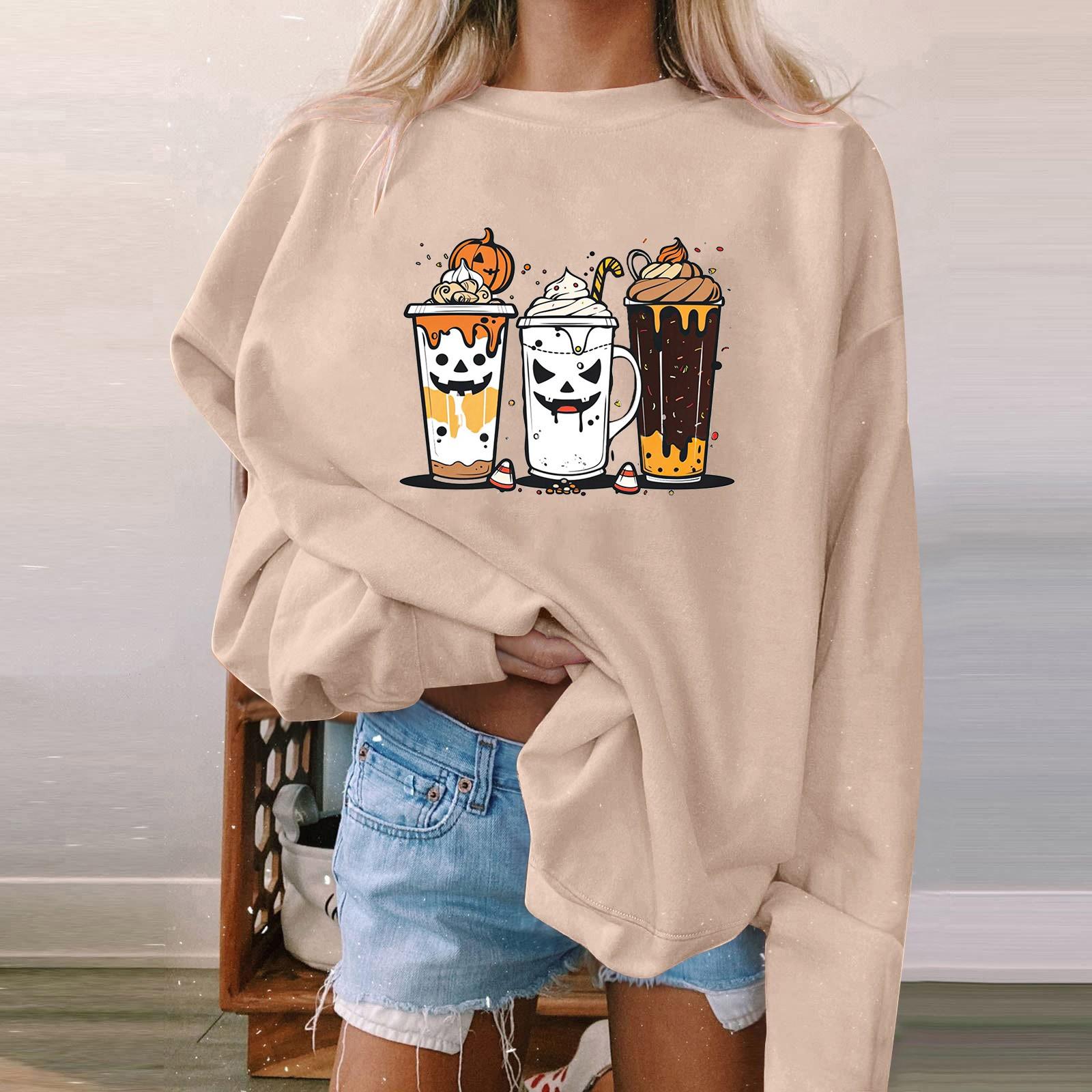 Женская мода повседневный пуловер с длинными рукавами и капюшоном толстовка с принтом на Хэллоуин L бежевый 1529₽