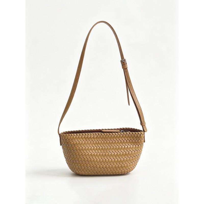 Handwoven Genuine Leather Crossbody Bag Women Casual Tote With Zip Small Square Shape