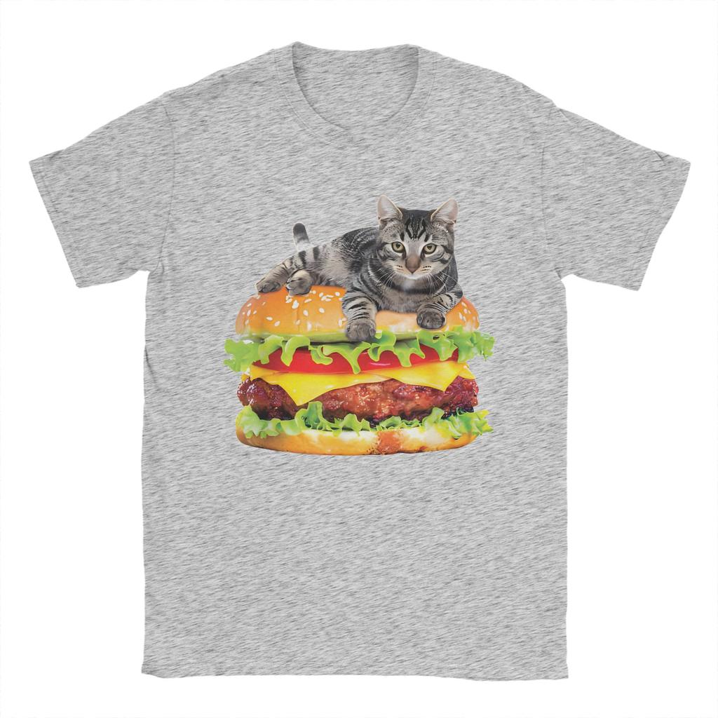 Men Hamburger Space Cat Funny Kitty T-Shirts  Pure Cotton Top Tees Beach Street Style T-Shirt O-Neck Trending Tee Shirt Big Size