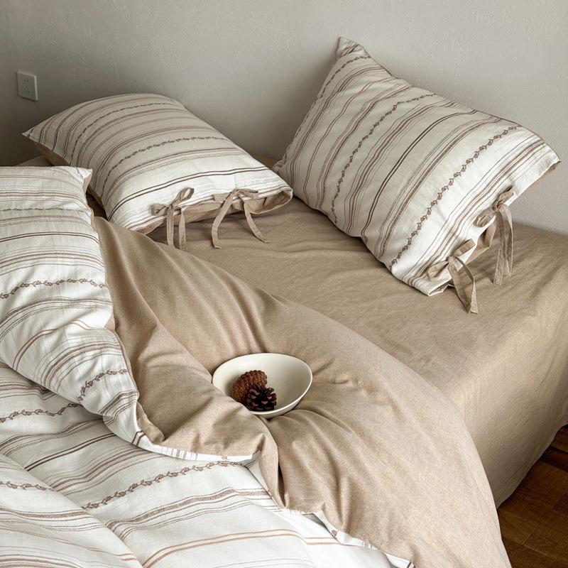 Bed Cotton Four-piece Set Thickened Yarn-dyed Washed Cotton Cut Cotton Strap Quilt Cover Bed Sheet Bedding Bed Hat