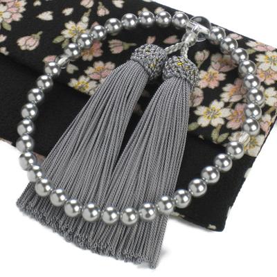 Nenjudo Women's Prayer Beads with Black Shell Pearl Tassel and Head Includes Original Chirimen Prayer Bead Bag (Floral Pattern) Made In Japan for